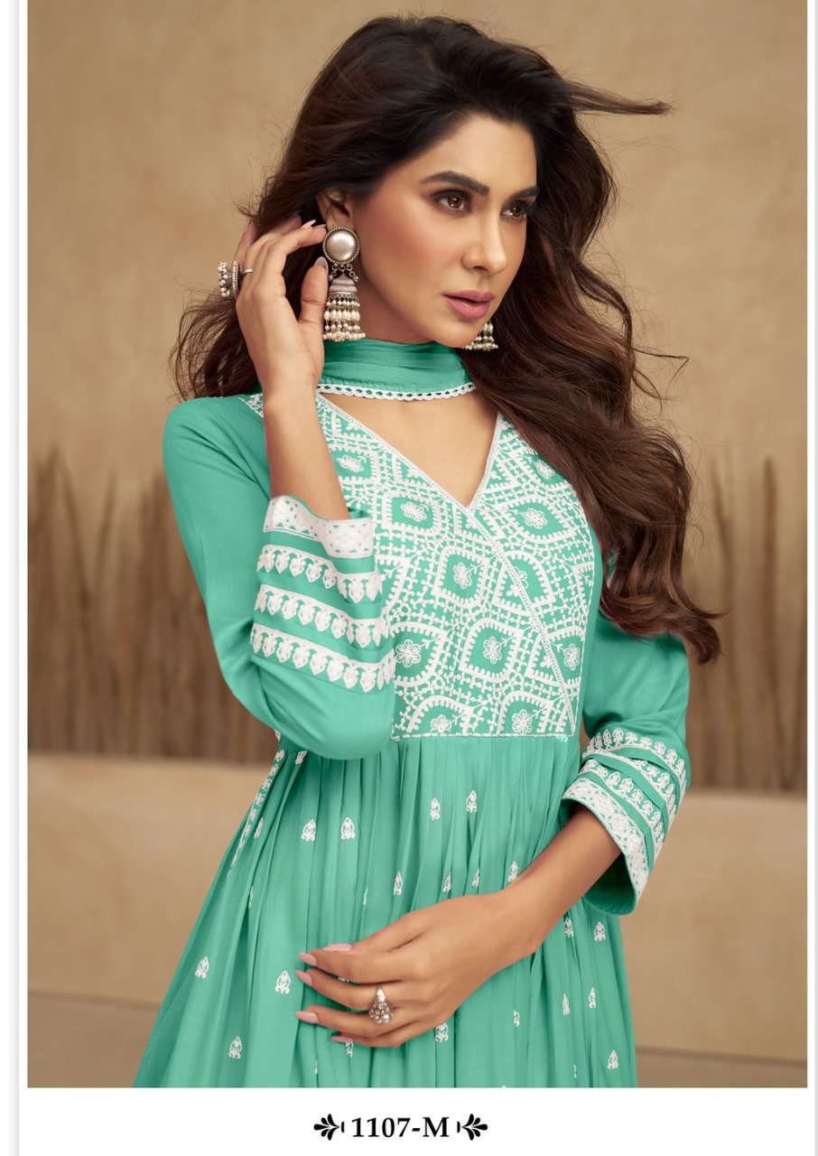 AADHRA VOL 5 LIGHT COLOR PURE RAYON LAKHNAWI WORK NAYRA CUT KURTI WITH COTTON PLAZZO AND DUPATTA BY S3FOREVER BRAND 1107 M C